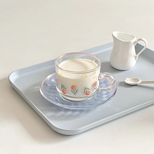 Korean style glass cup and saucer set with tulip patterns for coffee and afternoon tea