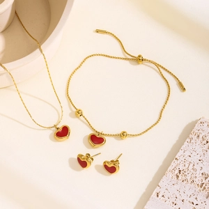 Red Heart Pendant Necklace Titanium Steel Gold Plated Enamel Sweet Aesthetic Jewelry For Women