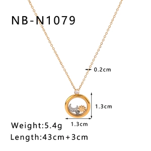 Detail showing dimensions and 18K gold-plated necklace with moon and star pendants
