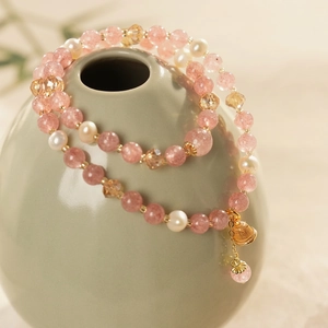 Pink strawberry quartz and freshwater pearl double-layer bracelet with shell charm