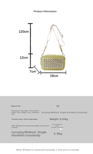 Detail view of avocado green PU camera bag with size dimensions 19x12x7cm and studs