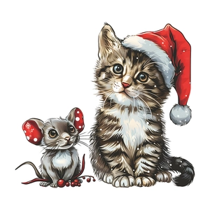 Cute Christmas cat with kitten in Santa hat and mouse bathroom wall sticker decor