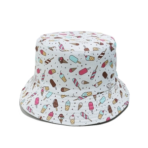 Detail of white cotton sun hat featuring vibrant all-over ice cream and popsicle prints