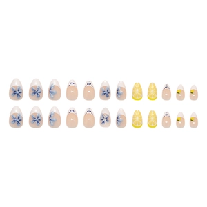 Mint blue floral press-on nails set with lemon patterns in almond shape 24 pieces
