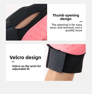 Detail of pink silicone pet grooming glove with breathable mesh and adjustable velcro strap