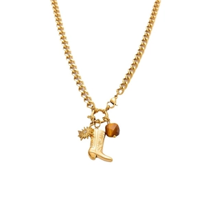 Gold stainless steel Cuban link necklace with cowboy boot, starburst, and tiger eye charms