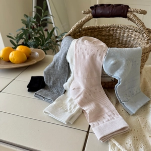 Detailed knit pattern of breathable hollow floral mid-calf socks in various soft pastel colors