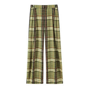 Pantalon Large À Carreaux Taille Haute Pour Femmes Mélange Polyester Coton Tartan Coupe Droite Décontracté
