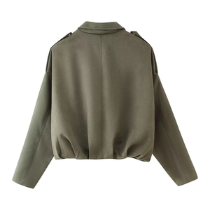 Rear view of an army green bomber jacket with lapels and decorative shoulder button details