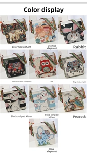 Detail showcasing ten vibrant canvas bags with ethnic elephant and owl embroidery patterns