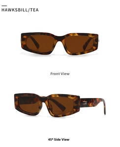 Close-up of retro hawksbill sunglasses with tea lenses and narrow rectangular frames