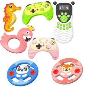 Set of 7 colorful silicone baby teethers featuring remote, controller, and animal shapes