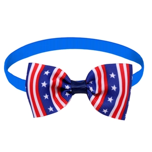 Detailed view of Fourth of July pet bowtie with American flag stars and stripes pattern