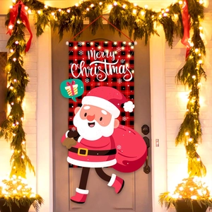 Christmas Hanging Banner Polyester Buffalo Plaid Santa Claus Outdoor Door Wall Festive Home Decoration Merry Christmas