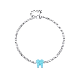 Bracciale a sfere d'argento con ciondolo a forma di dente glitter blu e moschettone
