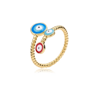 Adjustable gold plated evil eye ring with blue enamel eyes and twisted rope band