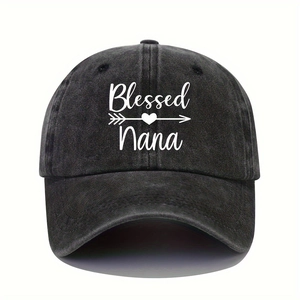 Close-up of white Blessed Nana embroidery on washed dark grey cotton baseball cap