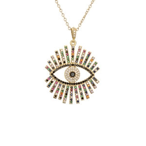 Golden Evil Eye necklace with multi-color zircon inlay and radiant sunburst design