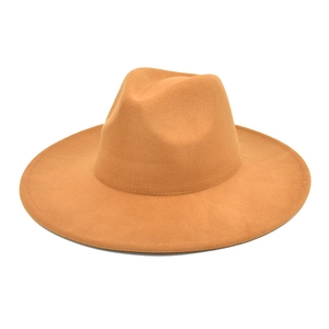 Classic wide brim fedora hat with camel wool felt and structured crown for men and women