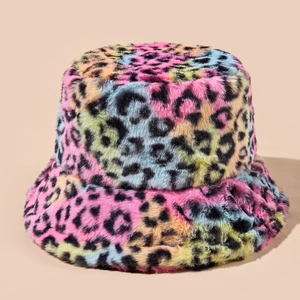 Colorful rainbow leopard print faux fur bucket hat with warm plush texture and thick design
