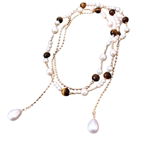 Vintage layered pearl and tiger eye beaded necklace with teardrop pearl tassels