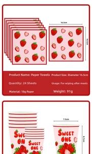 Detail of strawberry party napkins and paper cups with Sweet One theme and size specs