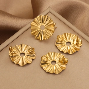 Golden flower-shaped stainless steel earring studs with radial pleats and center hole