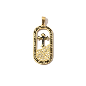 Macro shot of gold oval pendant with crystal inlay and Greek key pattern edge
