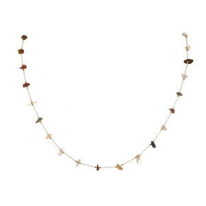 Detailed close-up of natural gemstone beads and golden stainless steel chain necklace