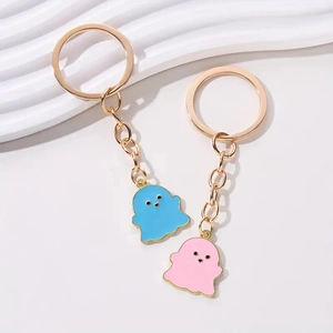 Cute cartoon blue and pink ghost pendants with gold metal chains for keychains
