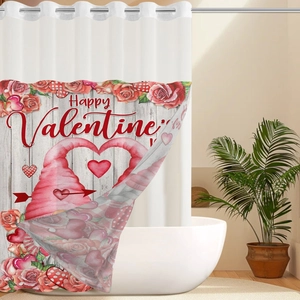 Valentine's gnome shower curtain with red roses and hearts for modern bathroom decor