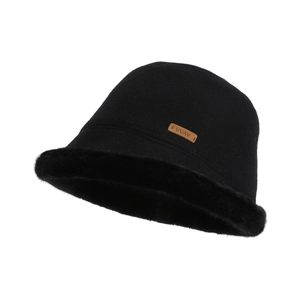Fleece lined black winter bucket hat with plush trim and branded leather patch