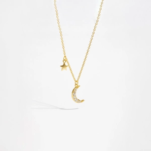 Elegant S925 sterling silver moon and star pendant necklace with cubic zirconia in gold