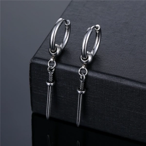 Vintage silver sword drop earrings in titanium steel with retro gothic cross design