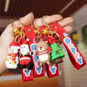 Christmas Keychains PVC Soft Rubber Cartoon Santa Claus Snowman Reindeer Pendant With Bell Wrist Strap Holiday Gift