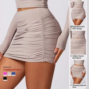 Light gray high waist ruched bodycon skirt with hidden elastic waistband and shaping hem