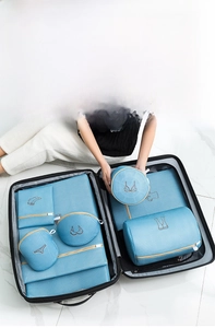 Sky blue mesh travel organizer set with various bag sizes inside a suitcase storage layout