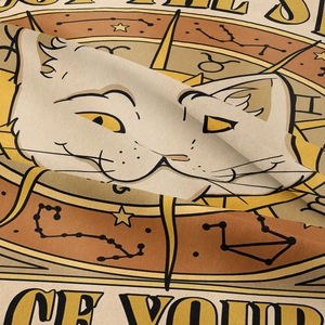 Bohemian cat and astrology tapestry with celestial patterns in warm ginger tones