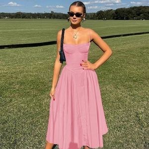 Pink corset midi dress for women featuring a slim fit and flowing skirt for summer wear