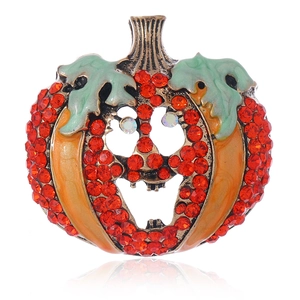 Halloween pumpkin witch broom brooch with sparkling crystals and colorful enamel finish