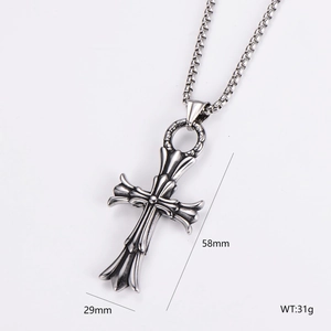 Gothic silver cross pendant with dimensions 58mm x 29mm and weight 31g on white background