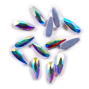 Macro view of teardrop K9 crystals with AB iridescent coating and flat back design