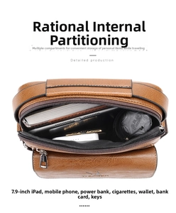 Detail of men's brown crossbody bag with multi-compartment interior for 7.9-inch iPad