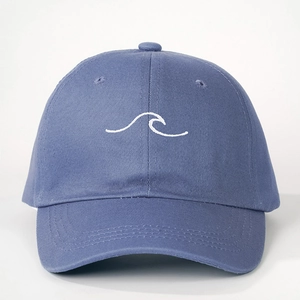 Blue baseball cap with white wave embroidery and adjustable strap for outdoor sun protection