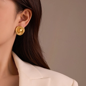 Vintage Stainless Steel Twisted Texture Round Stud Earrings For Women Retro Gold Silver Plated Circular Metal Earrings Jewelry