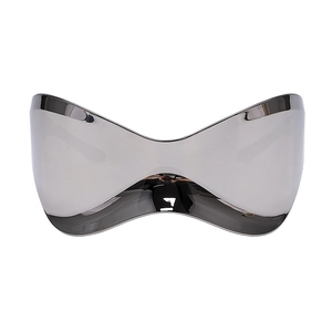 Macro detail of oversized silver mirrored shield sunglasses with Y2K punk butterfly lens