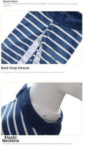 Close-up of dog recovery suit with blue stripes, elastic collar and back button closure