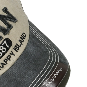 Close-up of vintage baseball cap featuring 3D embroidery and washed canvas texture