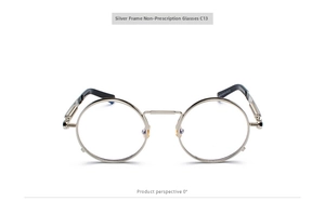 Detailed front view of retro round silver metal glasses with spring hinges and clear lenses