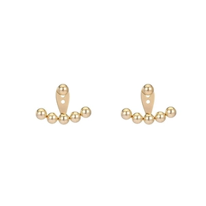 Detail view of 18K gold plated bead earrings featuring five gradient polished spheres